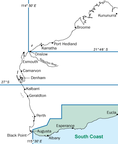 Western Australia map with south coast bioregion highlighted